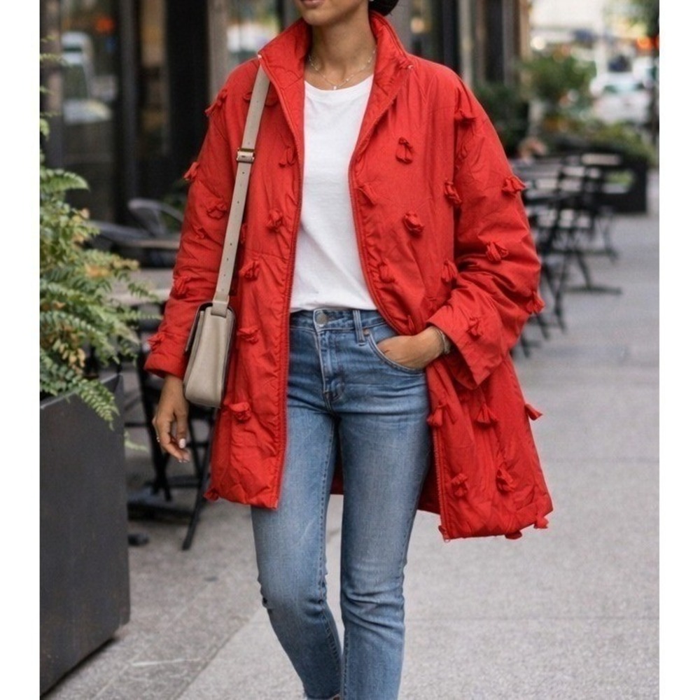 Robert Stock Vintage Pale Red Quilted Silk Bow Jacket Women's Med Zip Front Coat